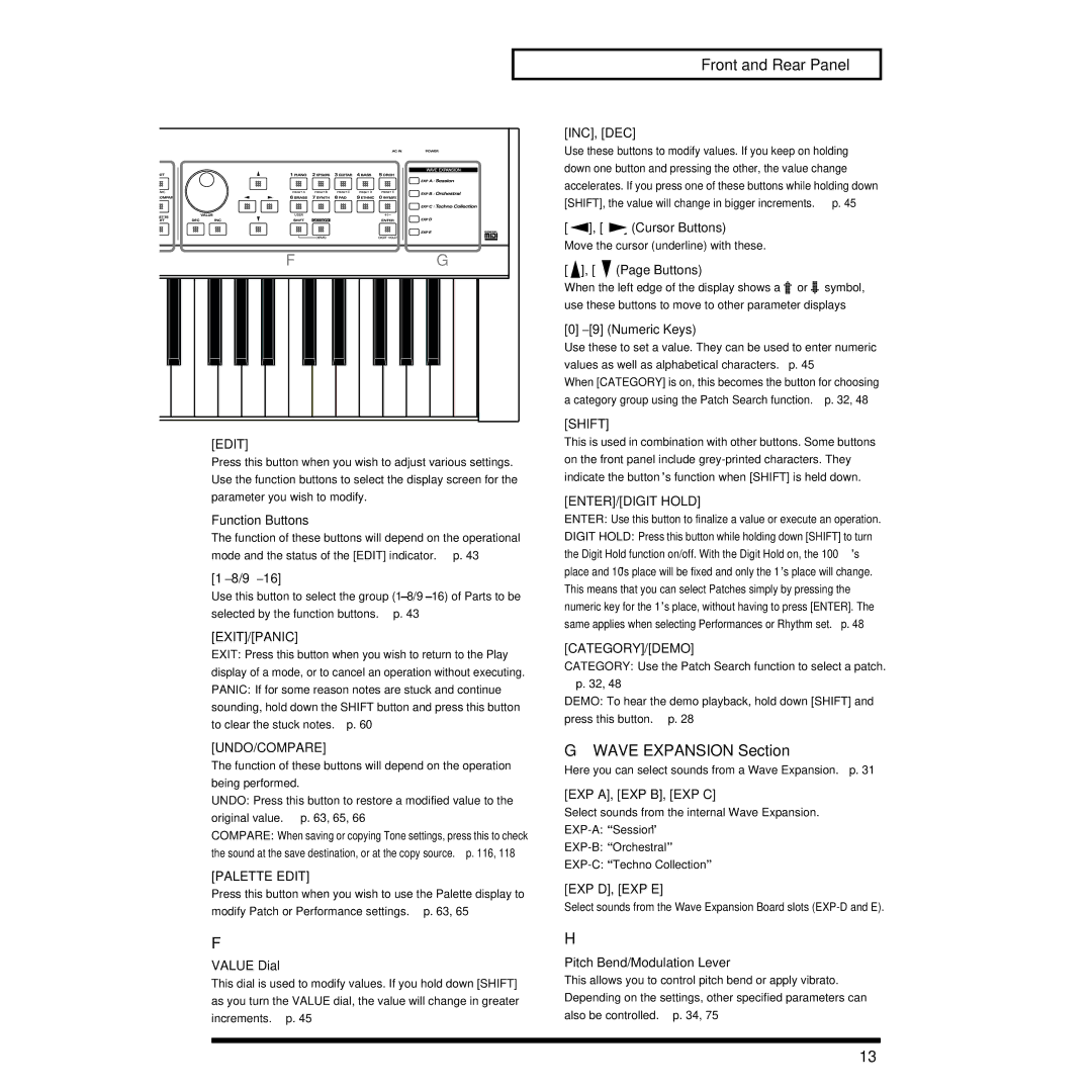 Roland XP-30 owner manual Front and Rear Panel, Wave Expansion Section 