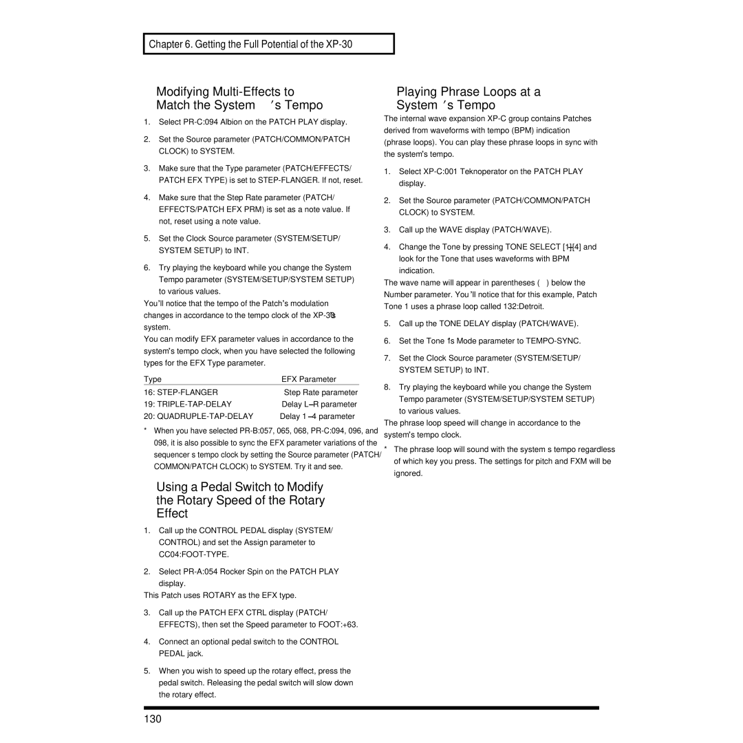 Roland XP-30 Modifying Multi-Effects to Match the System’s Tempo, Playing Phrase Loops at a System’s Tempo, 130 