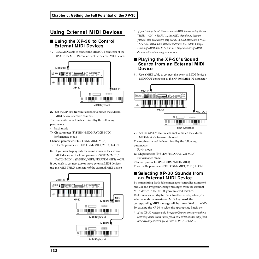 Roland owner manual Using External Midi Devices, Using the XP-30 to Control External Midi Devices, 132 