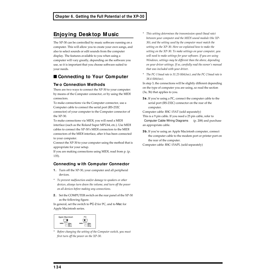 Roland XP-30 owner manual Enjoying Desktop Music, Connecting to Your Computer, Two Connection Methods, 134 