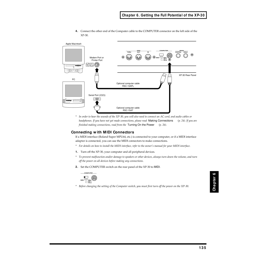 Roland XP-30 owner manual Connecting with Midi Connectors, 135, RSC-15APL, RSC-15AT 