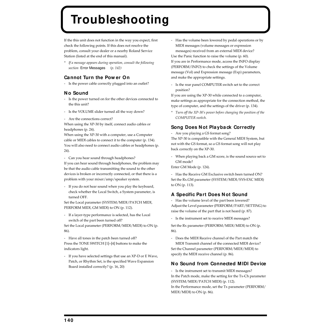 Roland XP-30 owner manual Troubleshooting 