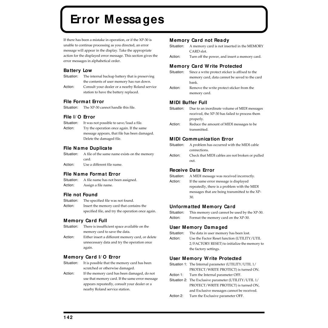 Roland XP-30 owner manual Error Messages 