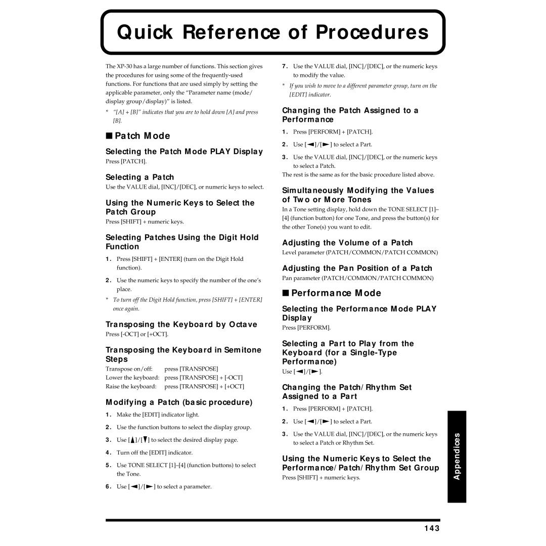 Roland XP-30 owner manual Quick Reference of Procedures, Patch Mode, Performance Mode 