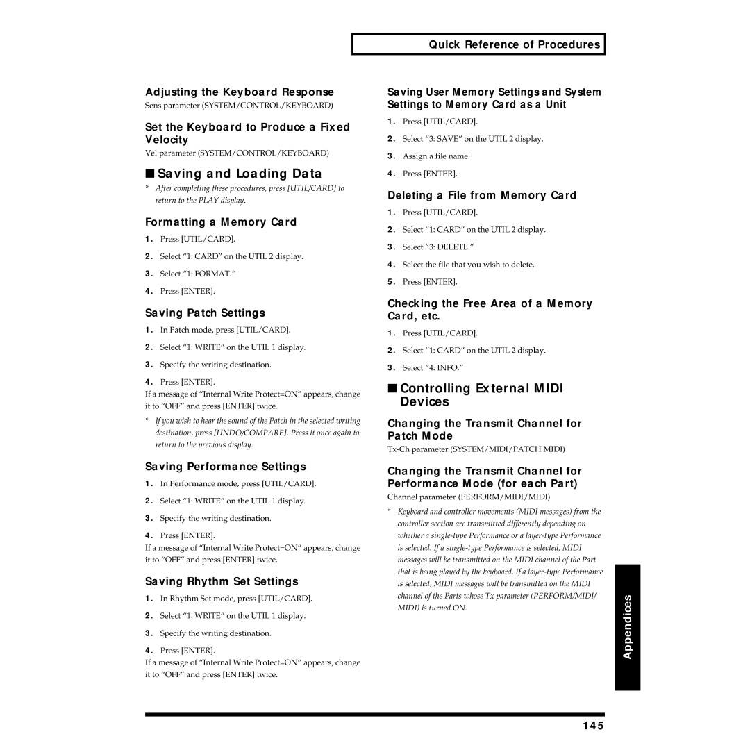 Roland XP-30 owner manual Saving and Loading Data, Controlling External Midi Devices 