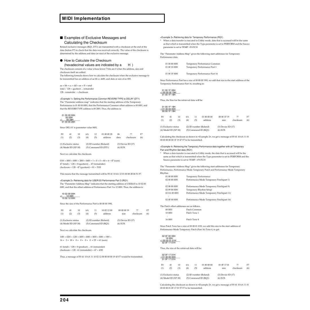 Roland XP-30 owner manual 204, Examples of Exclusive Messages Calculating the Checksum 