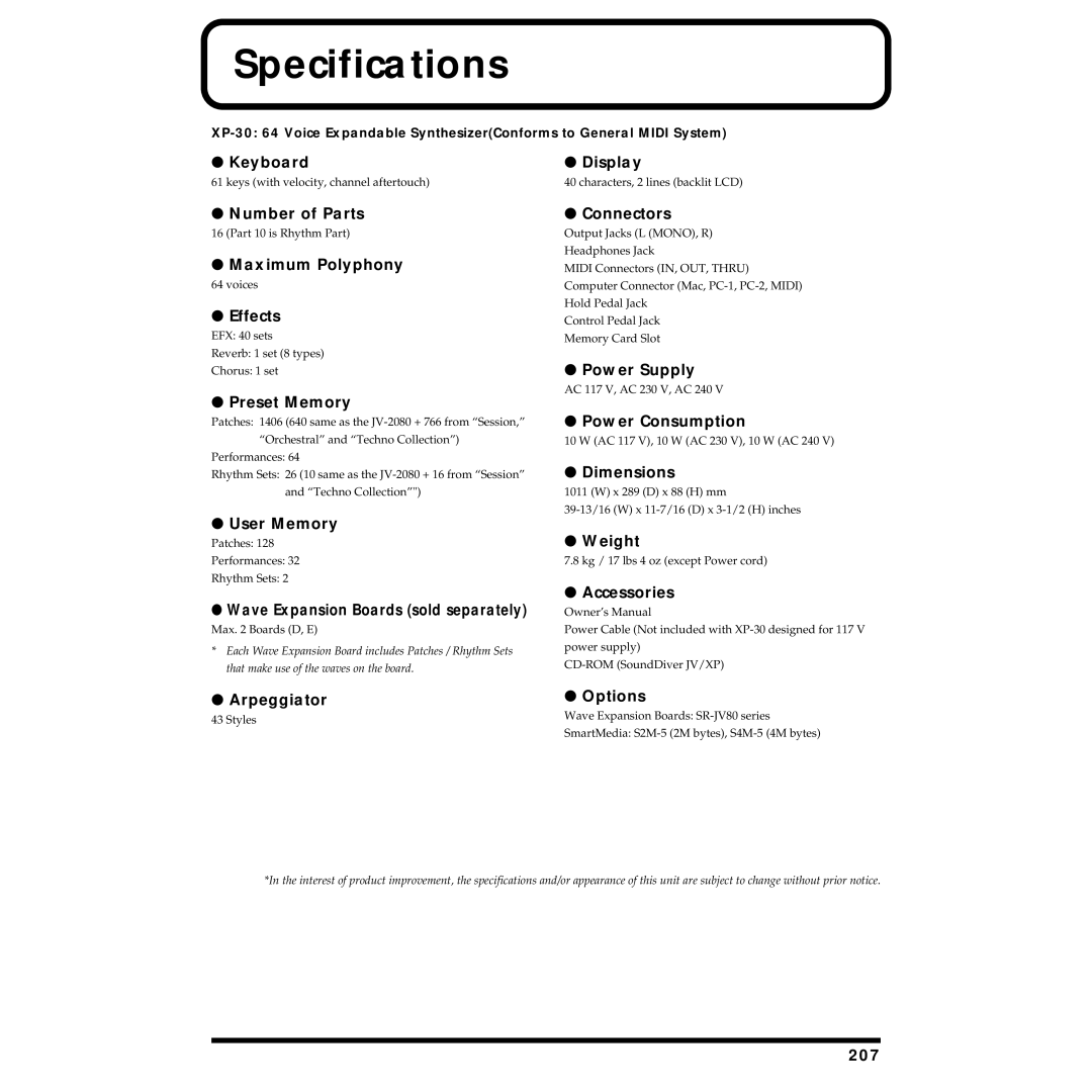 Roland XP-30 owner manual Specifications 