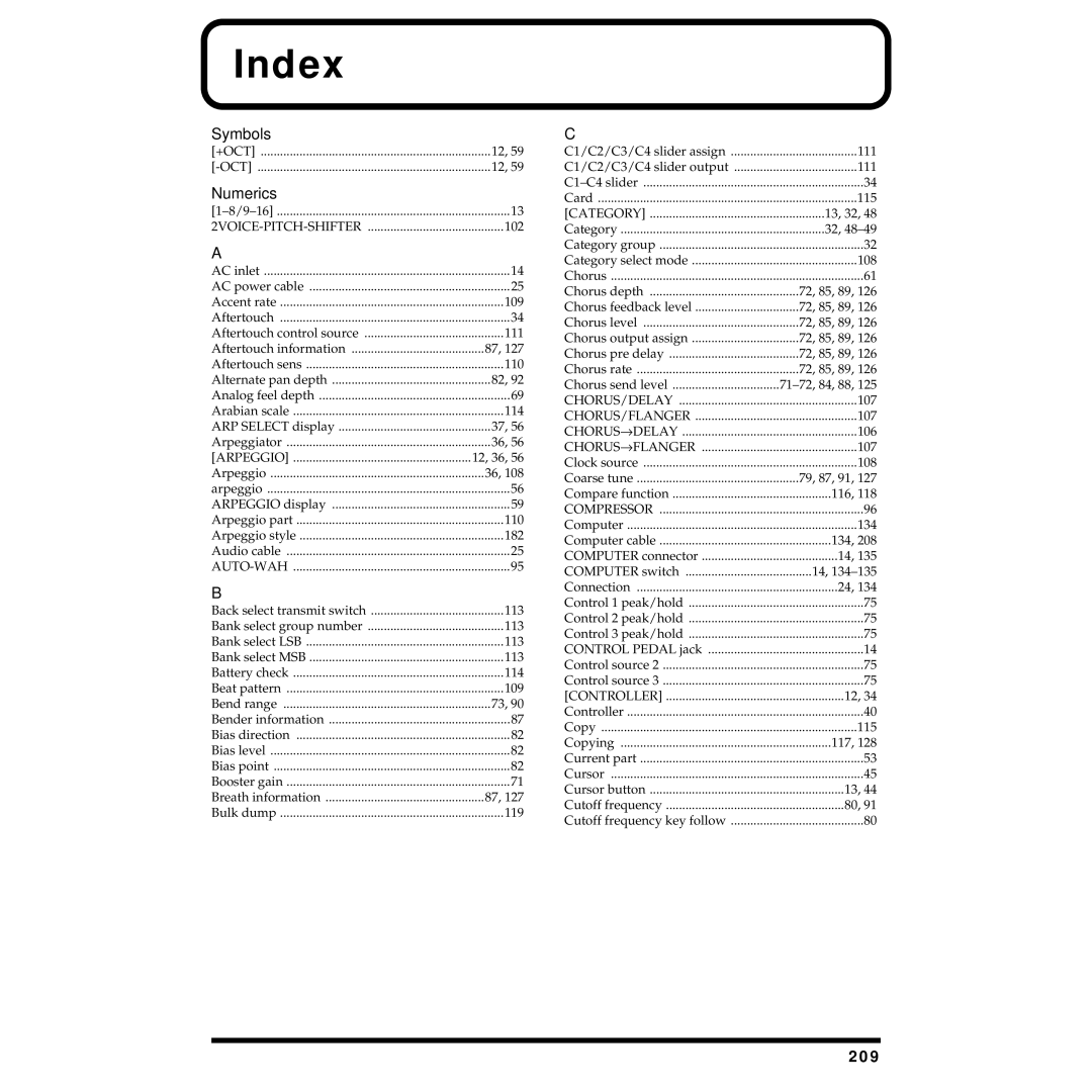 Roland XP-30 owner manual Index, 209 