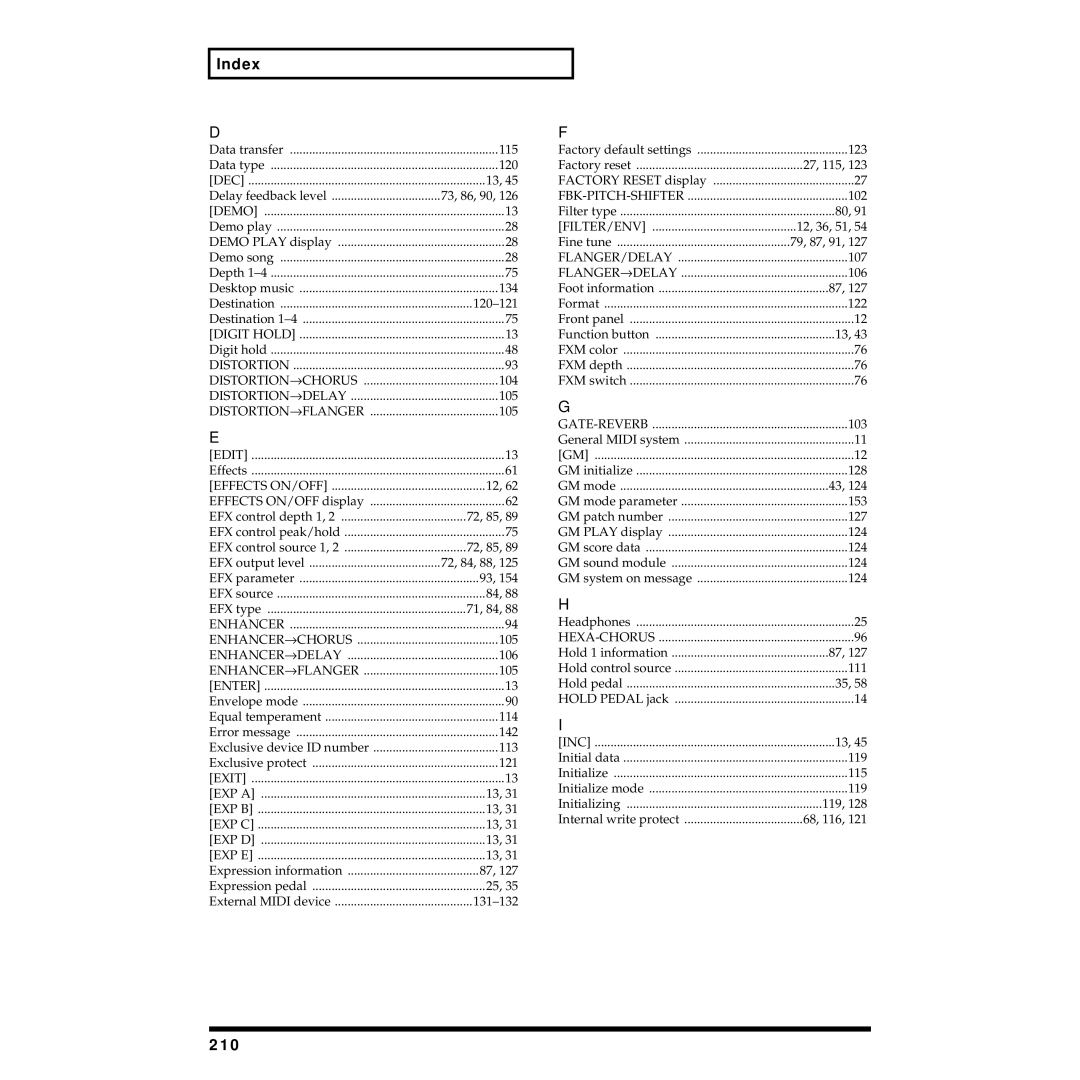 Roland XP-30 owner manual Index, 210 