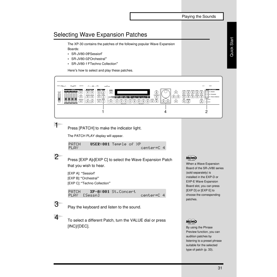 Roland XP-30 owner manual Selecting Wave Expansion Patches, Playing the Sounds 