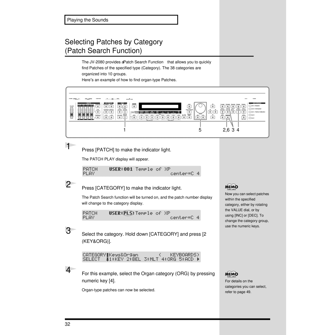 Roland XP-30 owner manual Selecting Patches by Category Patch Search Function, Press Category to make the indicator light 