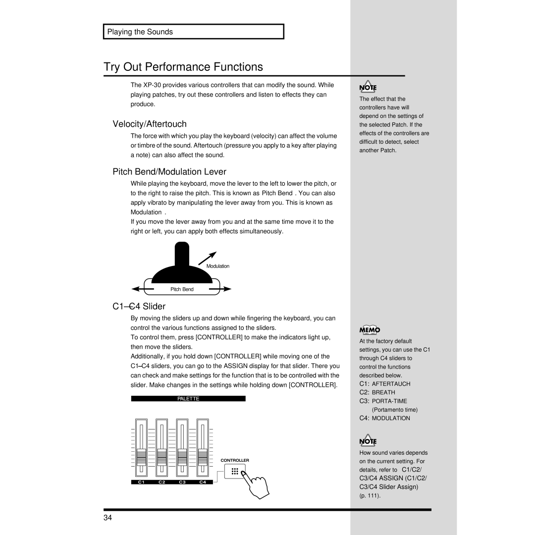 Roland XP-30 owner manual Try Out Performance Functions, Velocity/Aftertouch 