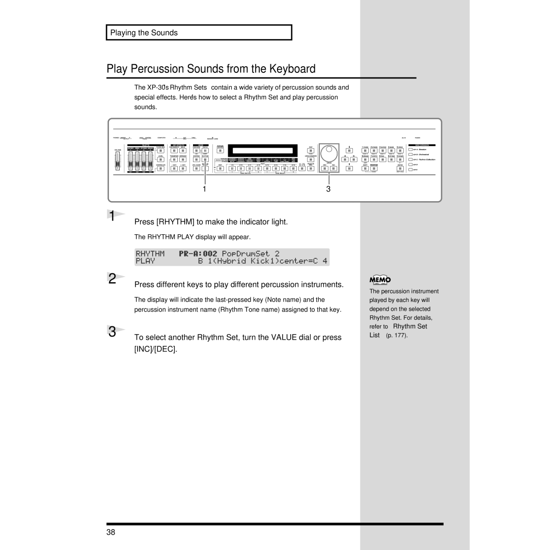 Roland XP-30 owner manual Play Percussion Sounds from the Keyboard, Press Rhythm to make the indicator light 