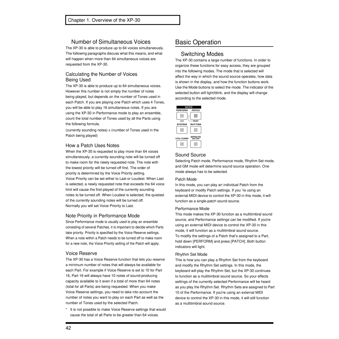 Roland XP-30 owner manual Basic Operation, Number of Simultaneous Voices, Switching Modes 