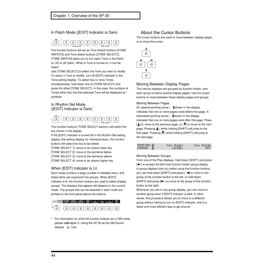 Roland About the Cursor Buttons, Overview of the XP-30 Patch Mode Edit Indicator is Dark, When Edit Indicator is Lit 