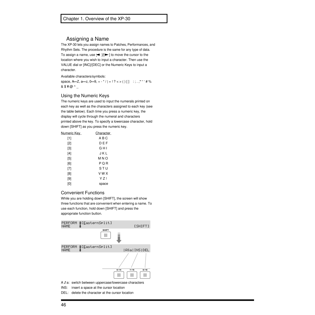 Roland XP-30 owner manual Assigning a Name, Using the Numeric Keys, Convenient Functions, Available characters/symbols 