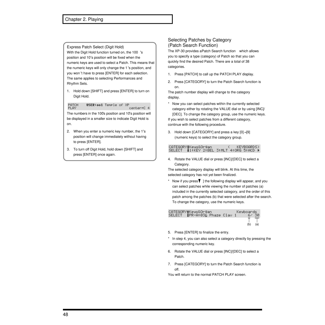 Roland XP-30 owner manual Selecting Patches by Category Patch Search Function, Express Patch Select Digit Hold 