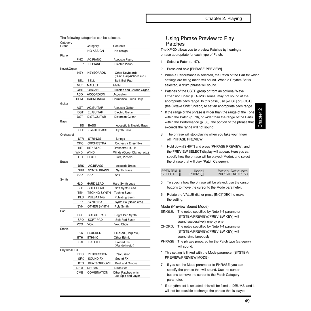 Roland XP-30 owner manual Using Phrase Preview to Play Patches, Mode Preview Sound Mode 