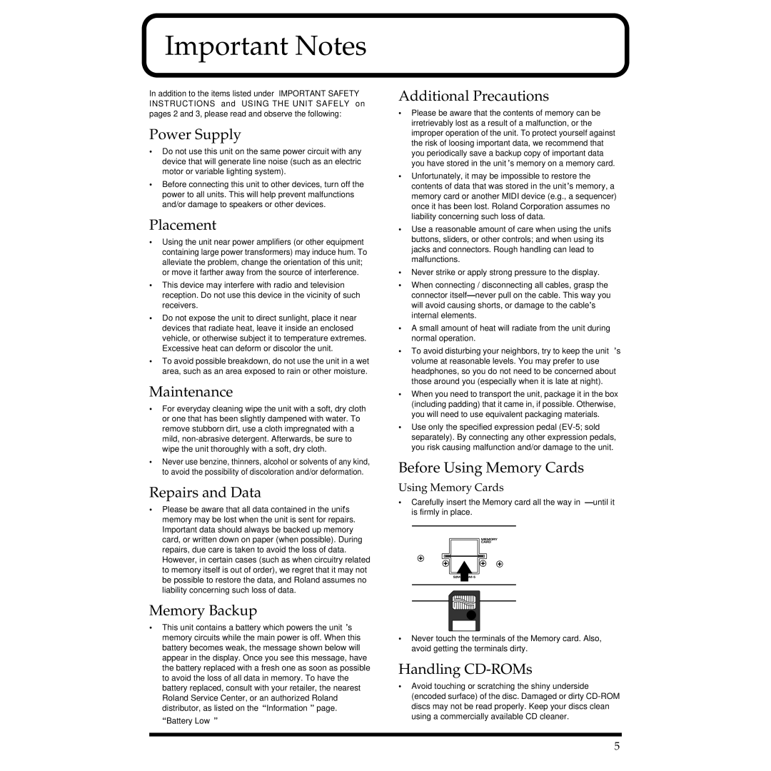 Roland XP-30 owner manual Important Notes 