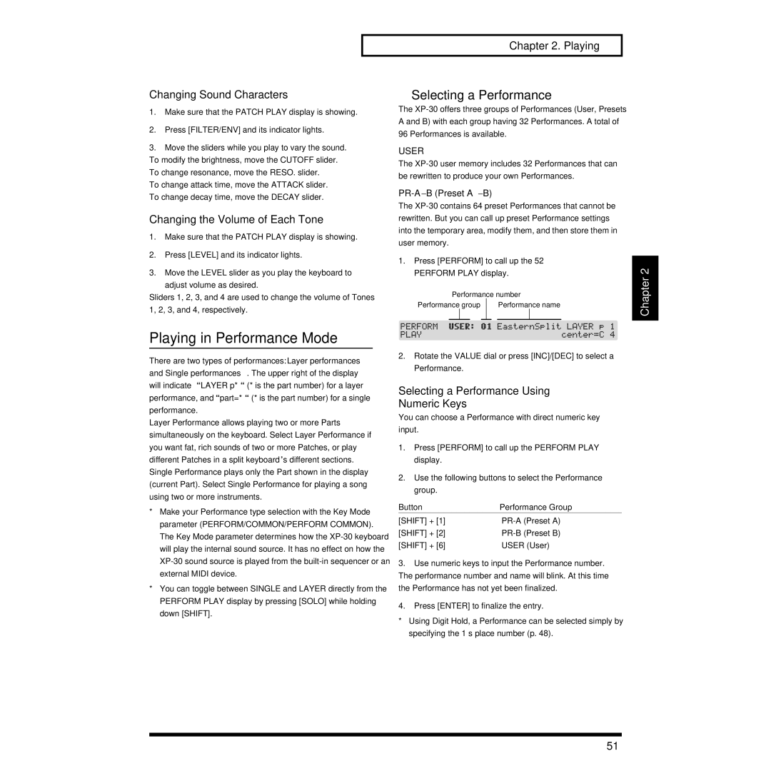 Roland XP-30 owner manual Playing in Performance Mode, Selecting a Performance, Changing Sound Characters 