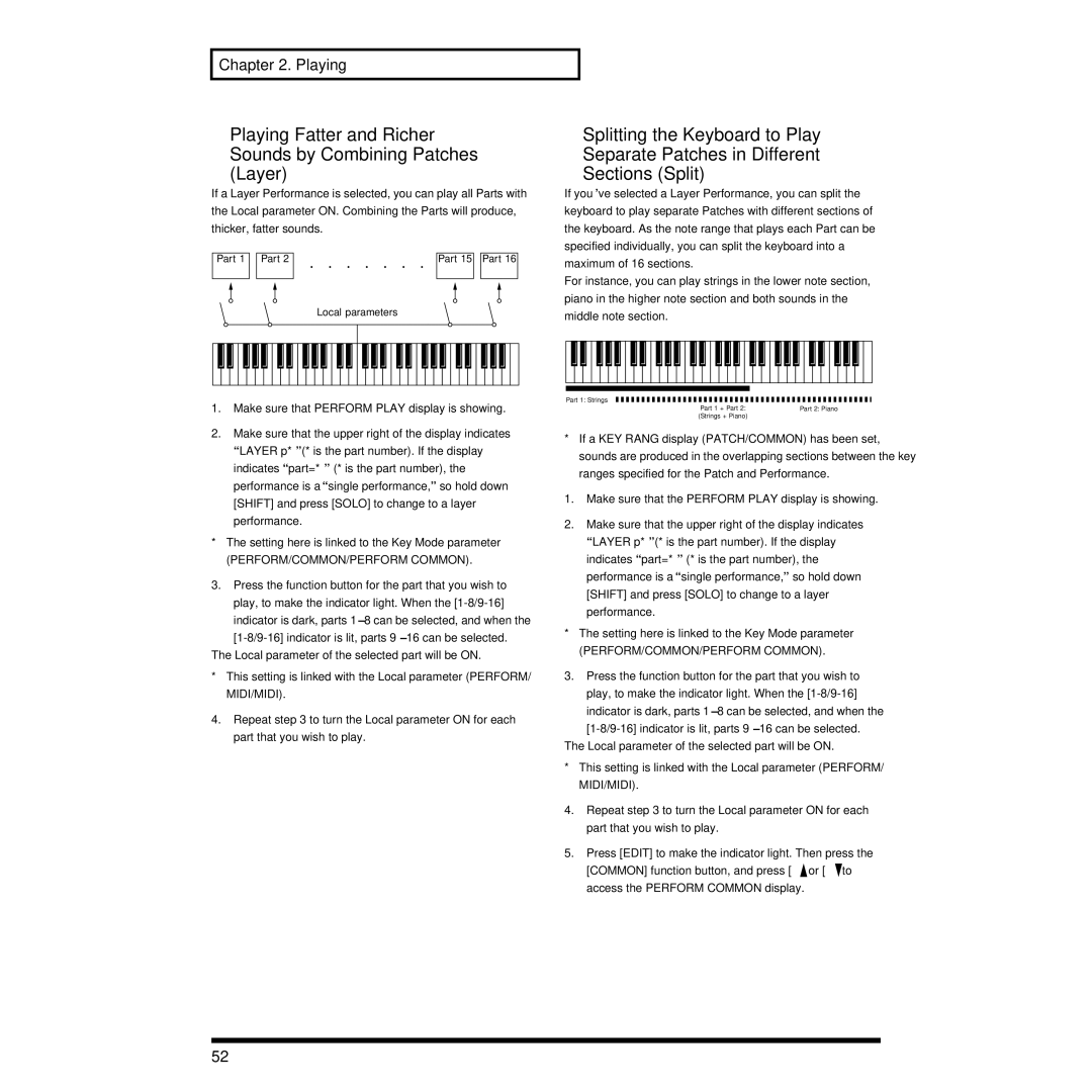 Roland XP-30 owner manual Playing Fatter and Richer Sounds by Combining Patches Layer, PERFORM/COMMON/PERFORM Common 