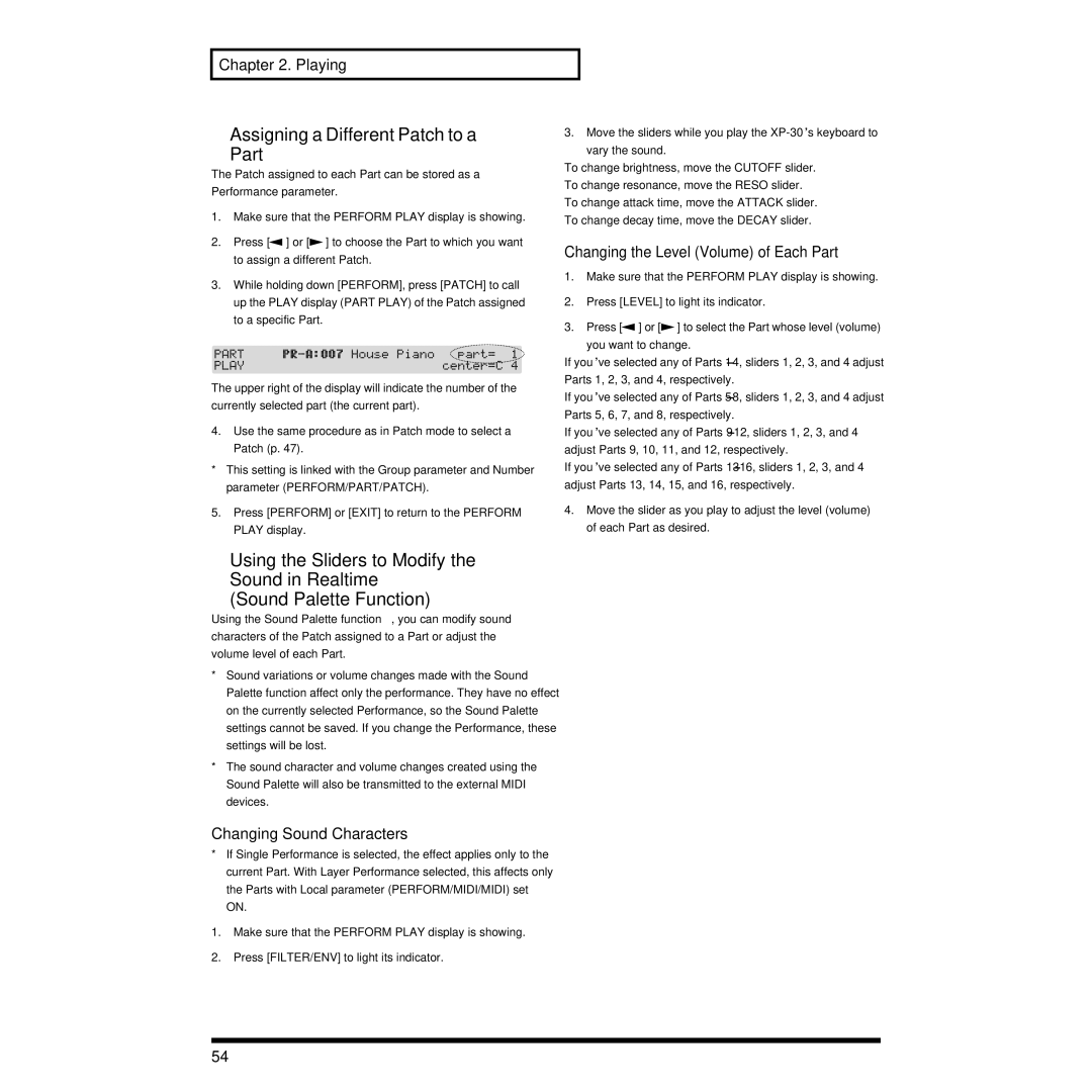 Roland XP-30 owner manual Assigning a Different Patch to a Part, Changing the Level Volume of Each Part 