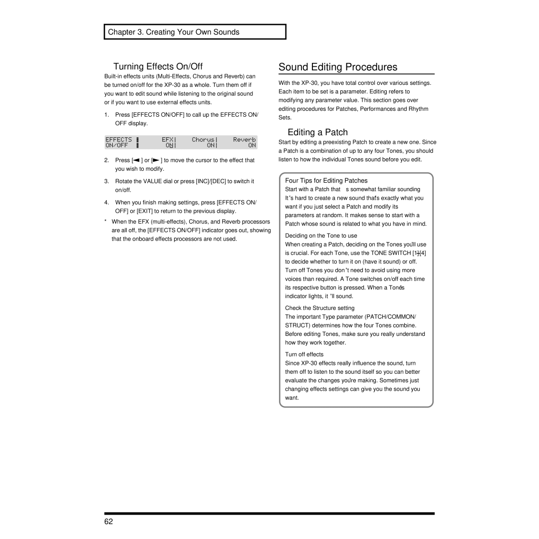 Roland XP-30 owner manual Sound Editing Procedures, Turning Effects On/Off, Editing a Patch, Four Tips for Editing Patches 