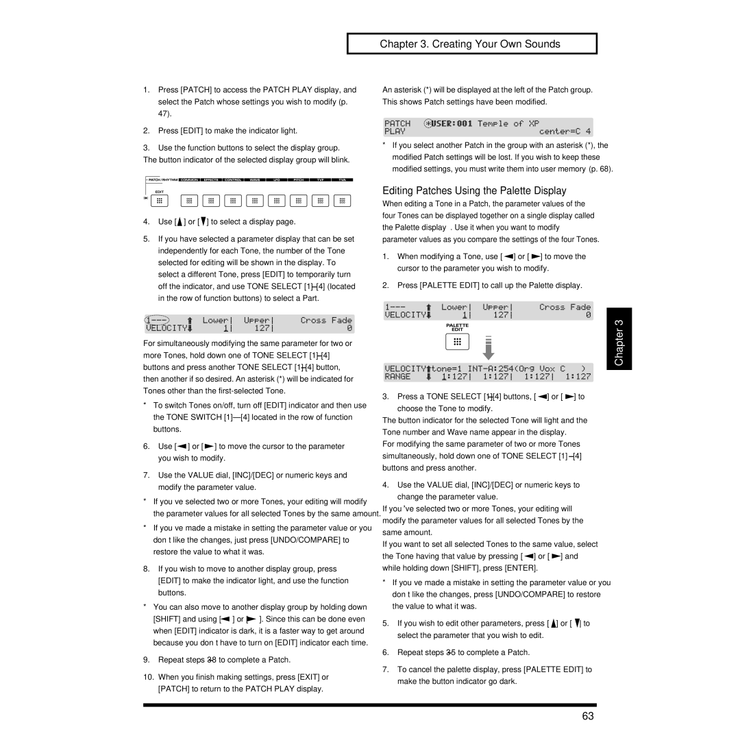 Roland XP-30 owner manual Editing Patches Using the Palette Display 