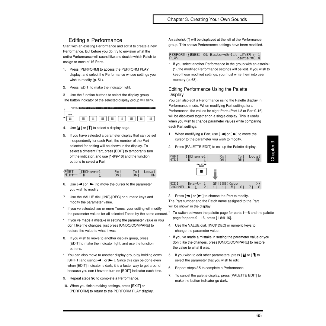 Roland XP-30 owner manual Editing a Performance, Editing Performance Using the Palette Display 