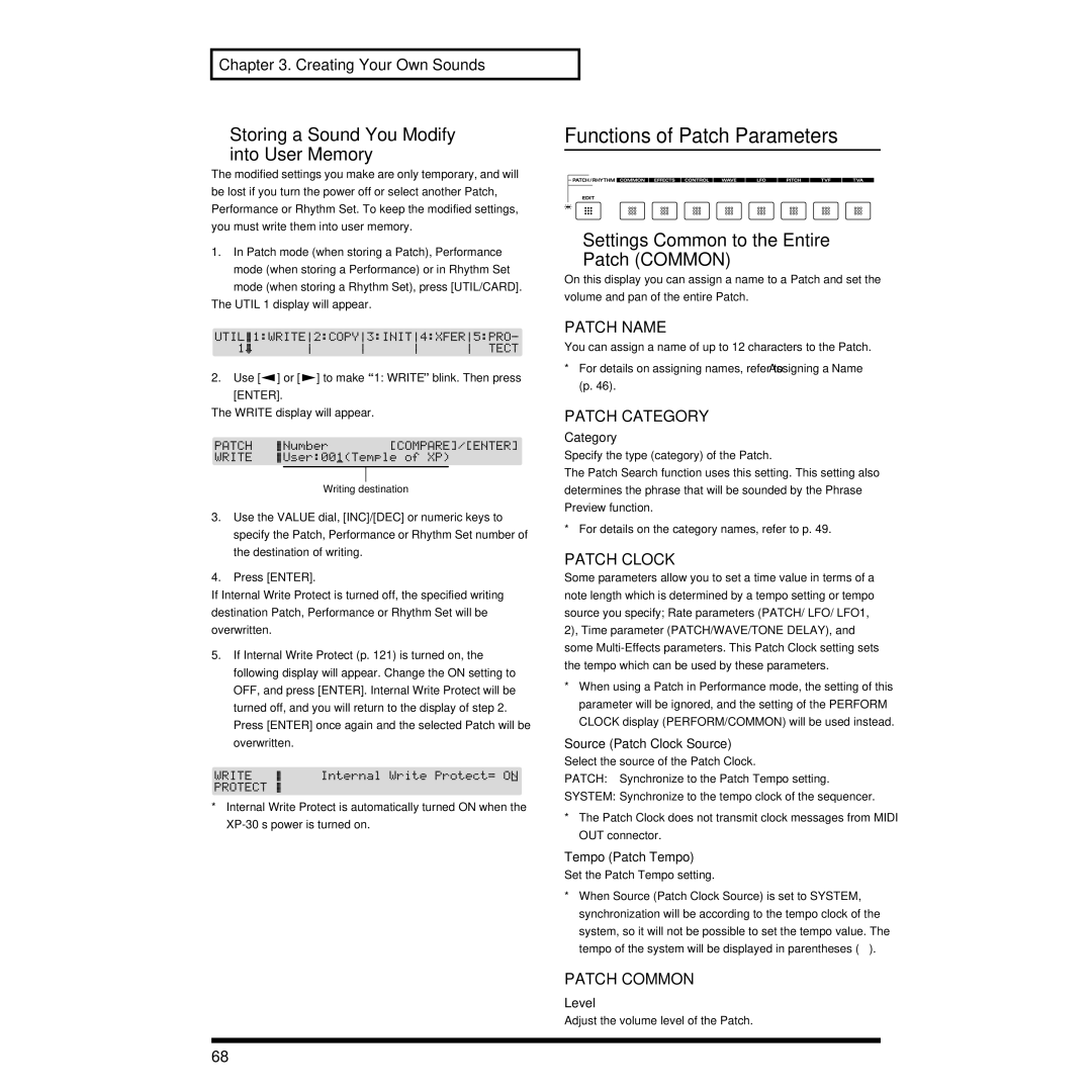 Roland XP-30 owner manual Functions of Patch Parameters, Storing a Sound You Modify Into User Memory 