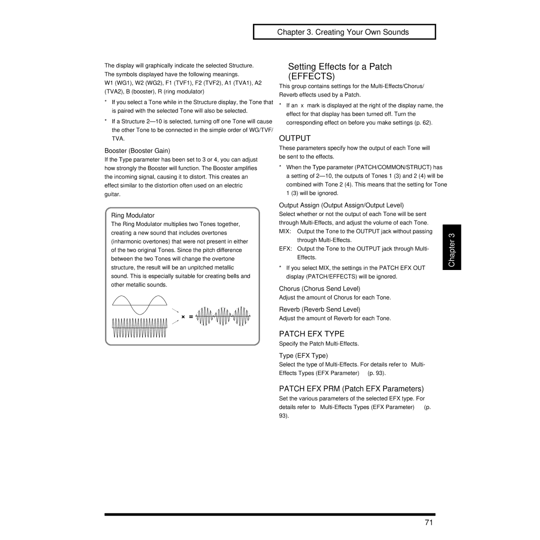 Roland XP-30 owner manual Setting Effects for a Patch, Output, Patch EFX Type, Patch EFX PRM Patch EFX Parameters 