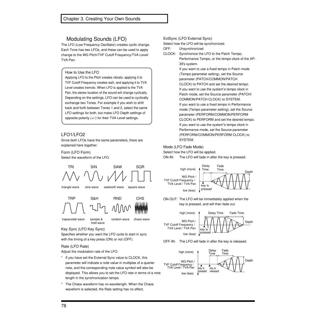 Roland XP-30 owner manual Modulating Sounds LFO, LFO1/LFO2 