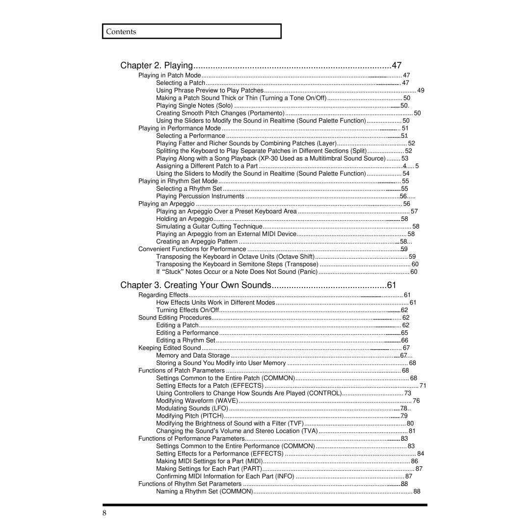 Roland XP-30 owner manual Playing, Contents 