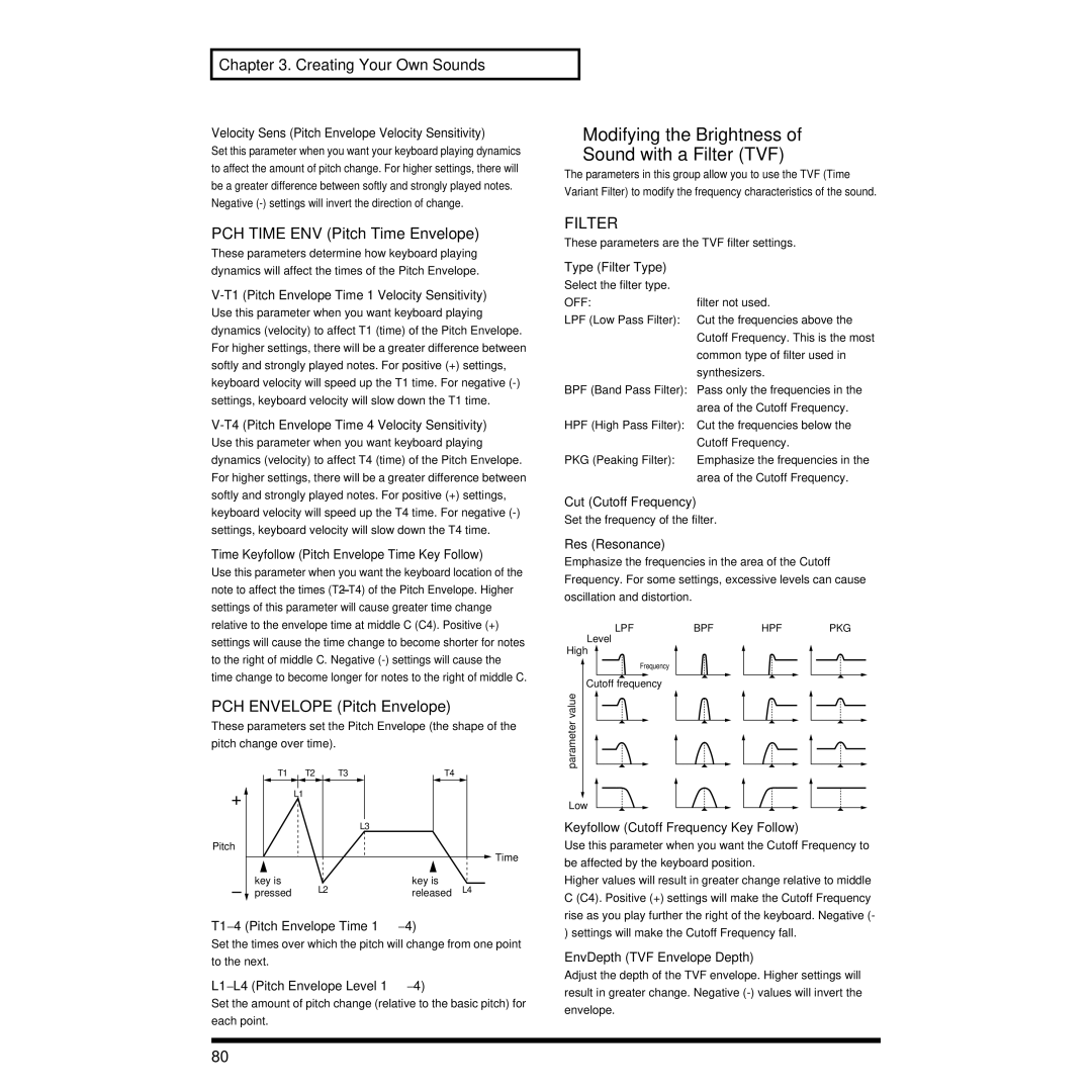 Roland XP-30 owner manual Modifying the Brightness Sound with a Filter TVF, PCH Time ENV Pitch Time Envelope 