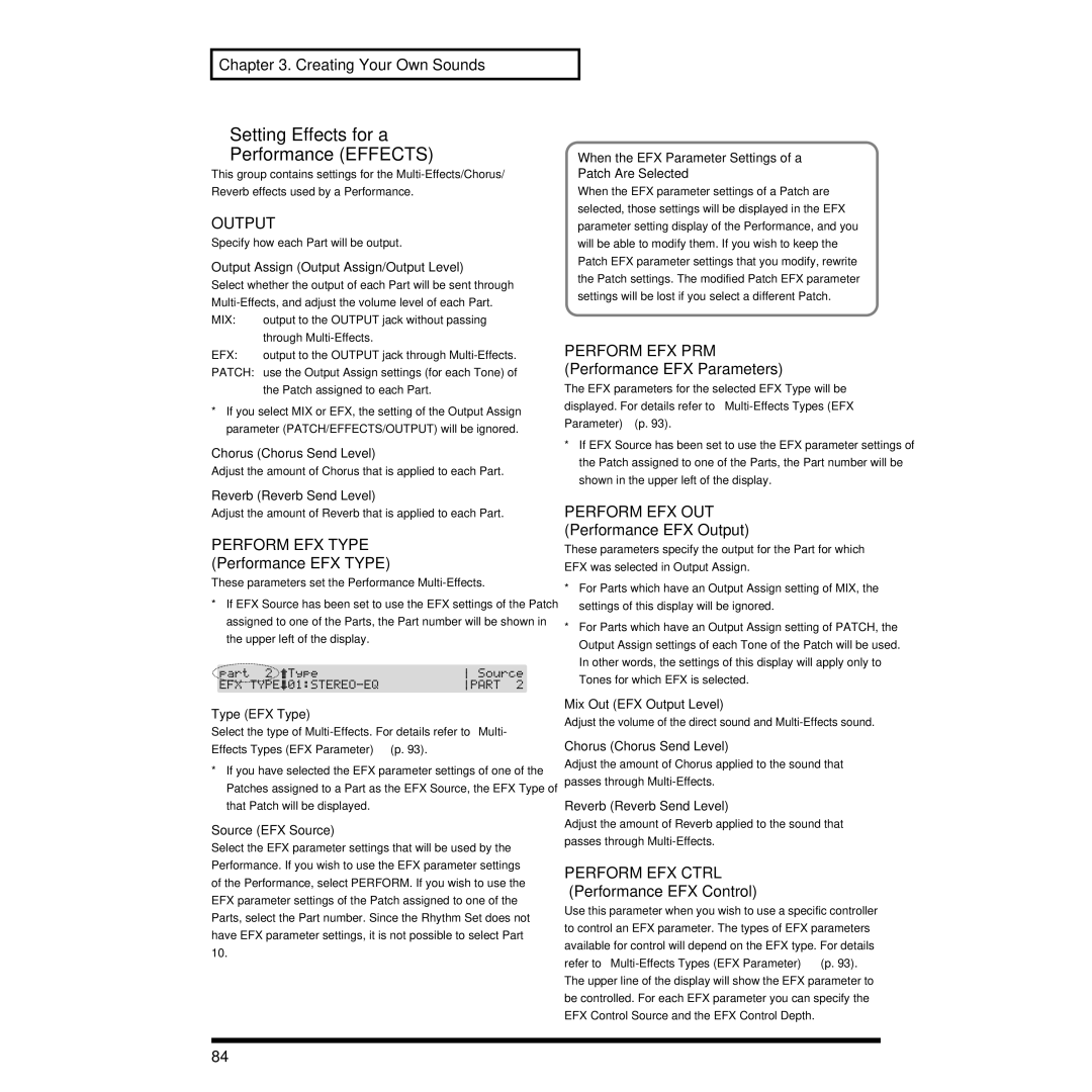 Roland XP-30 owner manual Setting Effects for a Performance Effects, Perform EFX Type Performance EFX Type 