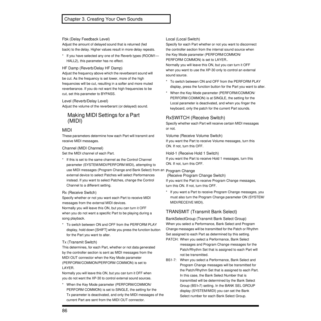 Roland XP-30 owner manual Making Midi Settings for a Part Midi, Transmit Transmit Bank Select 