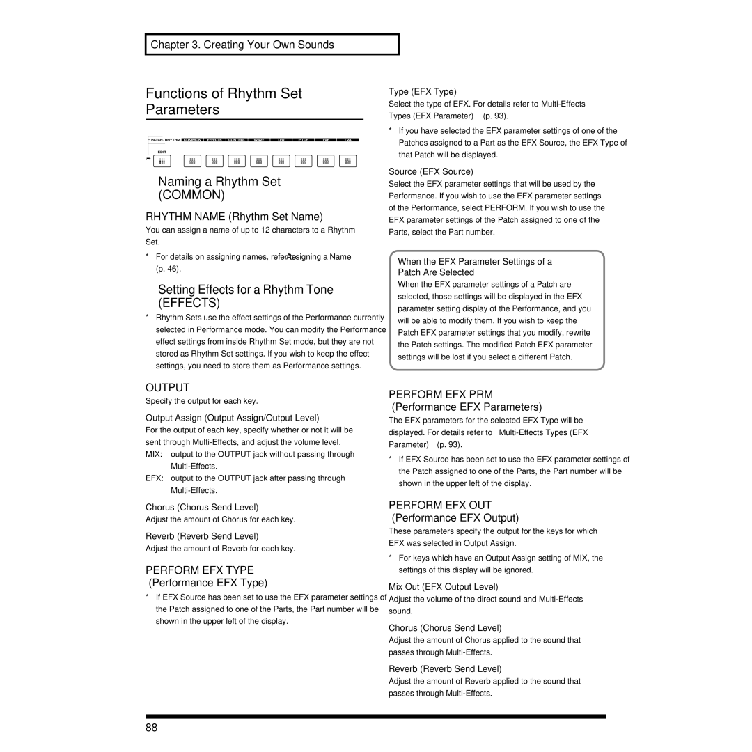 Roland XP-30 owner manual Functions of Rhythm Set Parameters, Naming a Rhythm Set Common, Setting Effects for a Rhythm Tone 