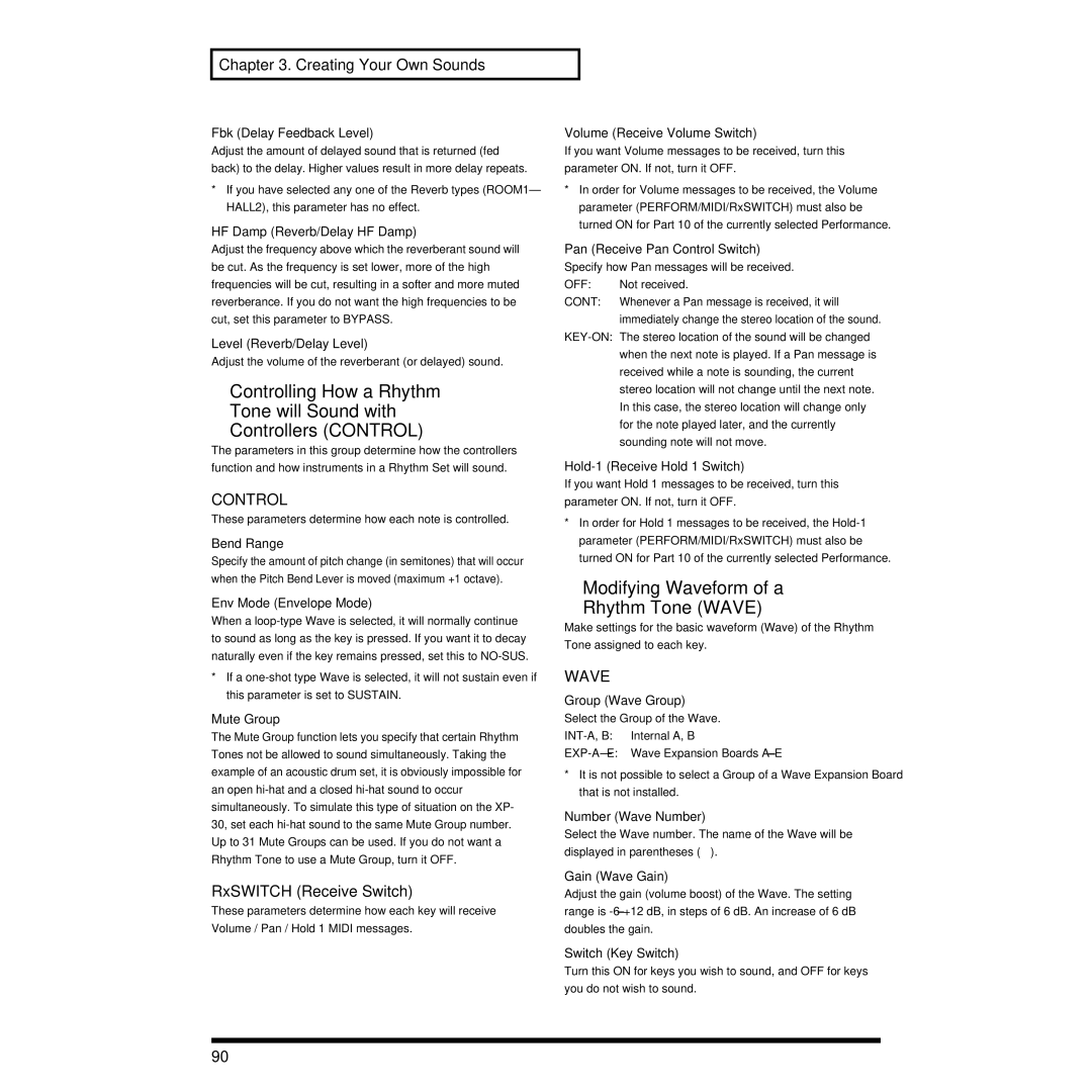 Roland XP-30 owner manual Modifying Waveform of a Rhythm Tone Wave, Env Mode Envelope Mode, Mute Group, Switch Key Switch 