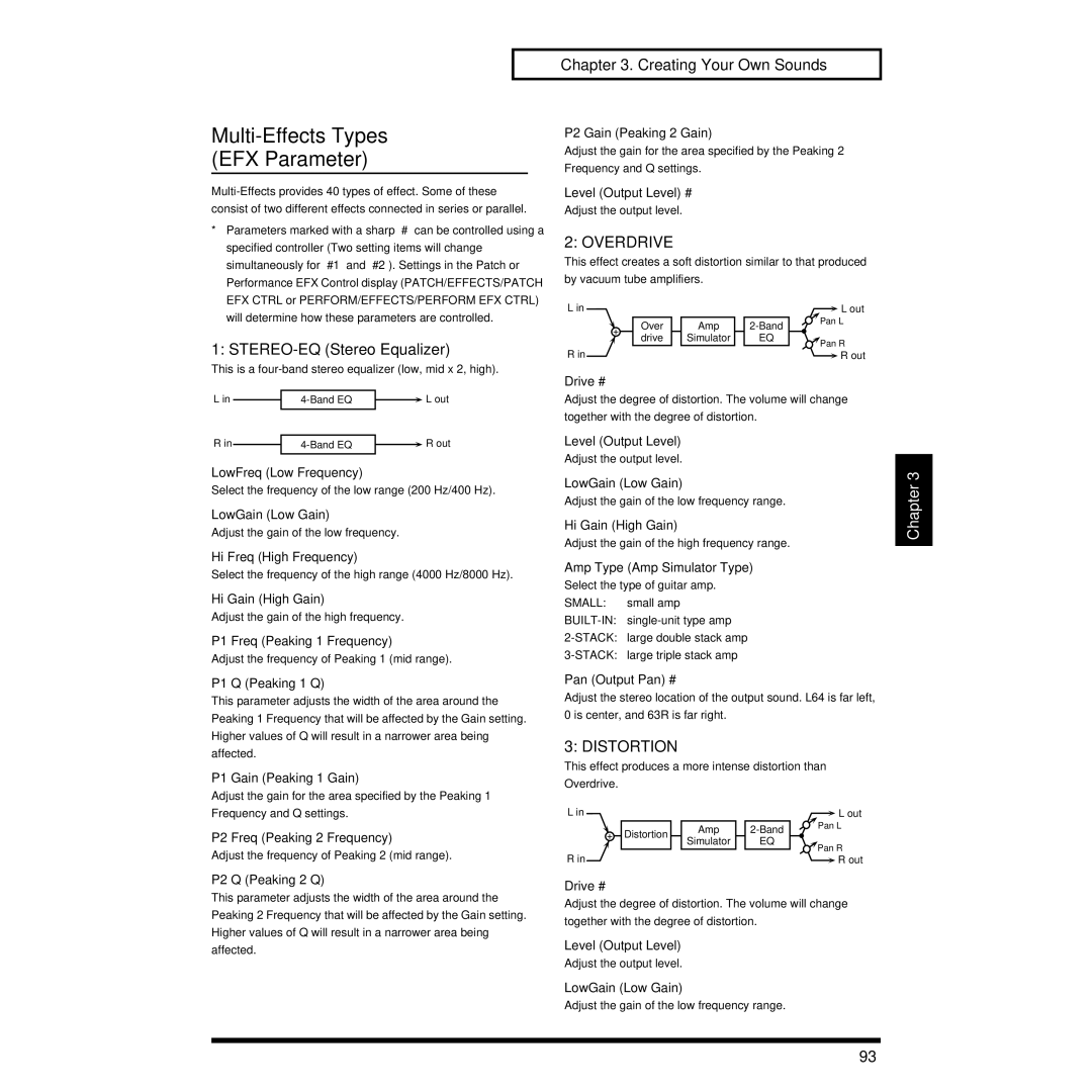 Roland XP-30 owner manual Multi-Effects Types EFX Parameter, STEREO-EQ Stereo Equalizer, Overdrive, Distortion 