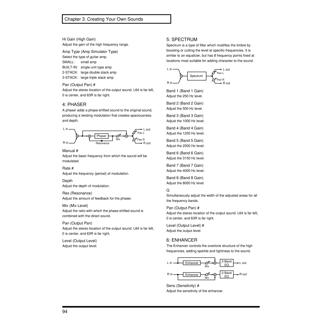 Roland XP-30 owner manual Phaser, Spectrum, Enhancer 