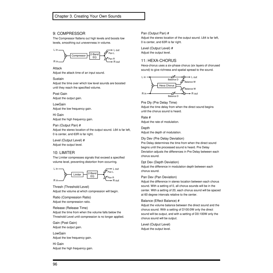 Roland XP-30 owner manual Compressor, Hexa-Chorus, Limiter 