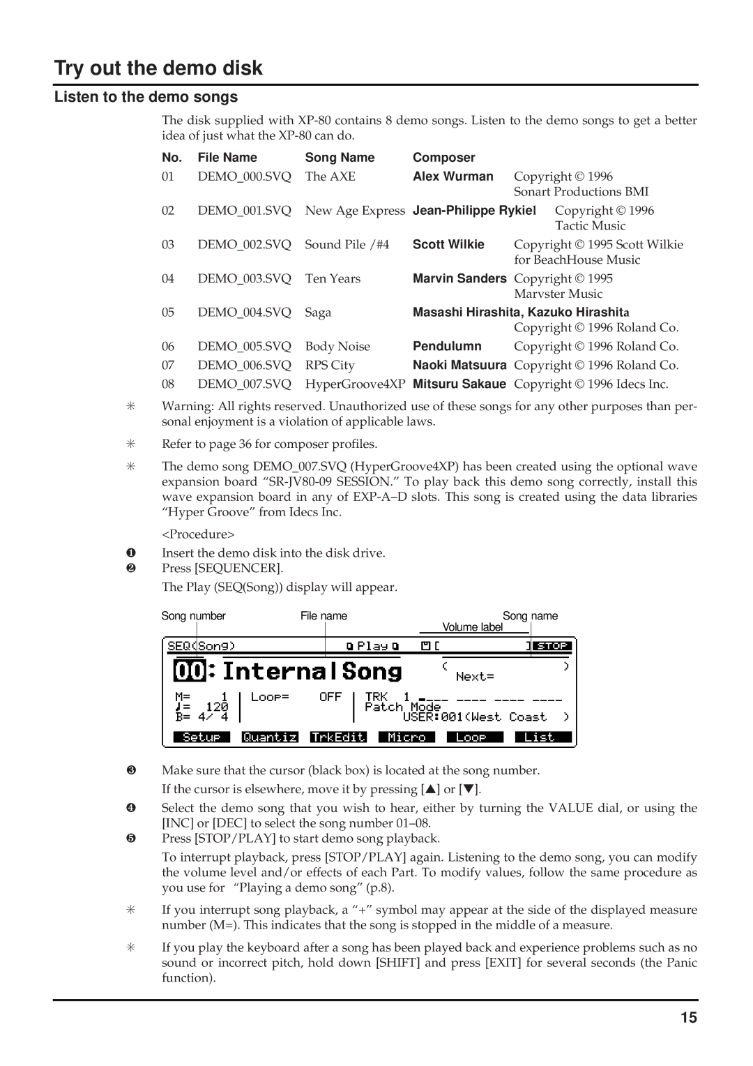 Roland XP-80 quick start Try out the demo disk, Listen to the demo songs 