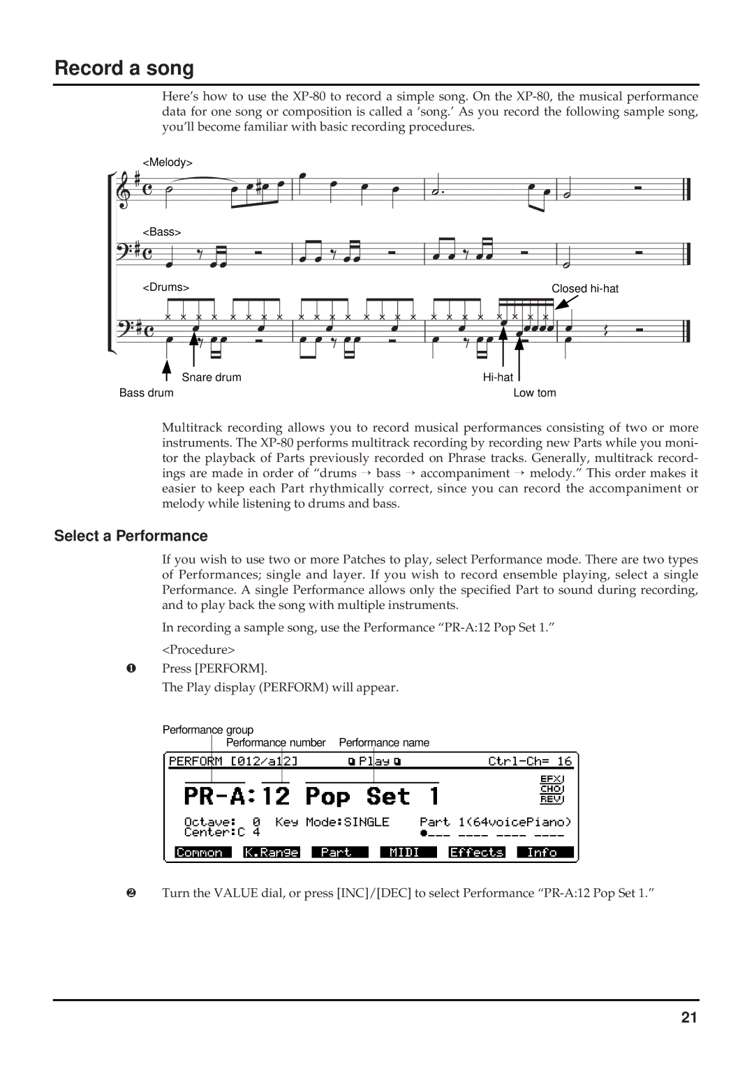 Roland XP-80 quick start Record a song, Select a Performance 