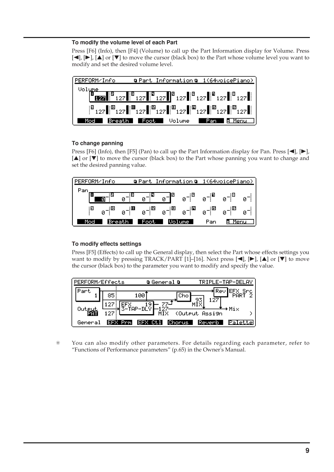 Roland XP-80 quick start To modify the volume level of each Part, To change panning, To modify effects settings 