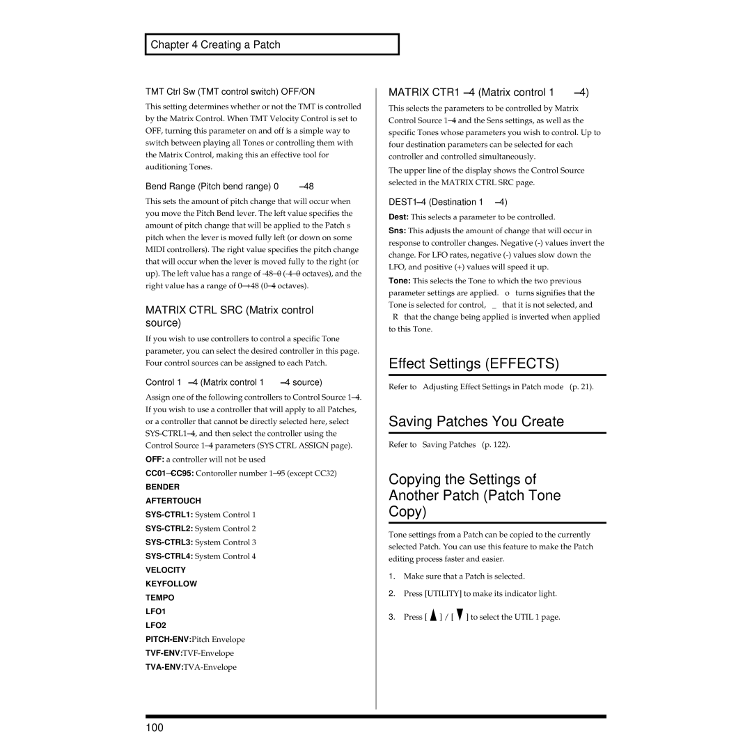 Roland XV-3080 Effect Settings Effects, Saving Patches You Create, Copying the Settings Another Patch Patch Tone 