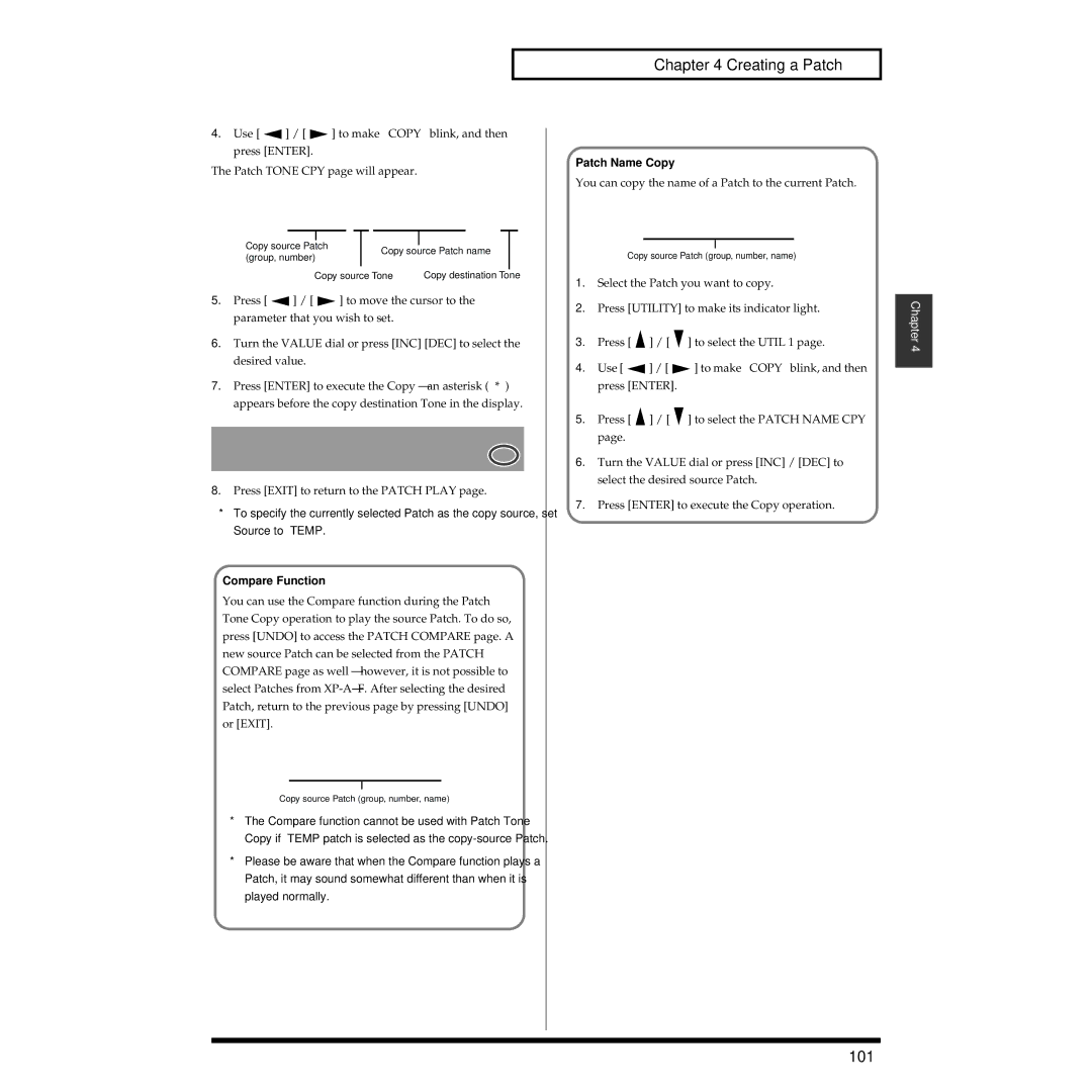 Roland XV-3080 owner manual 101, Compare Function, Patch Name Copy 