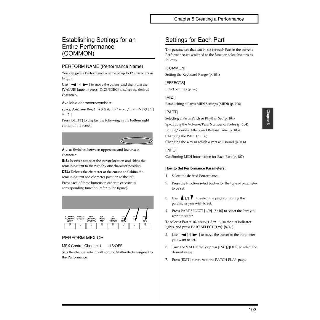 Roland XV-3080 owner manual Establishing Settings for an Entire Performance Common, Settings for Each Part, Perform MFX CH 