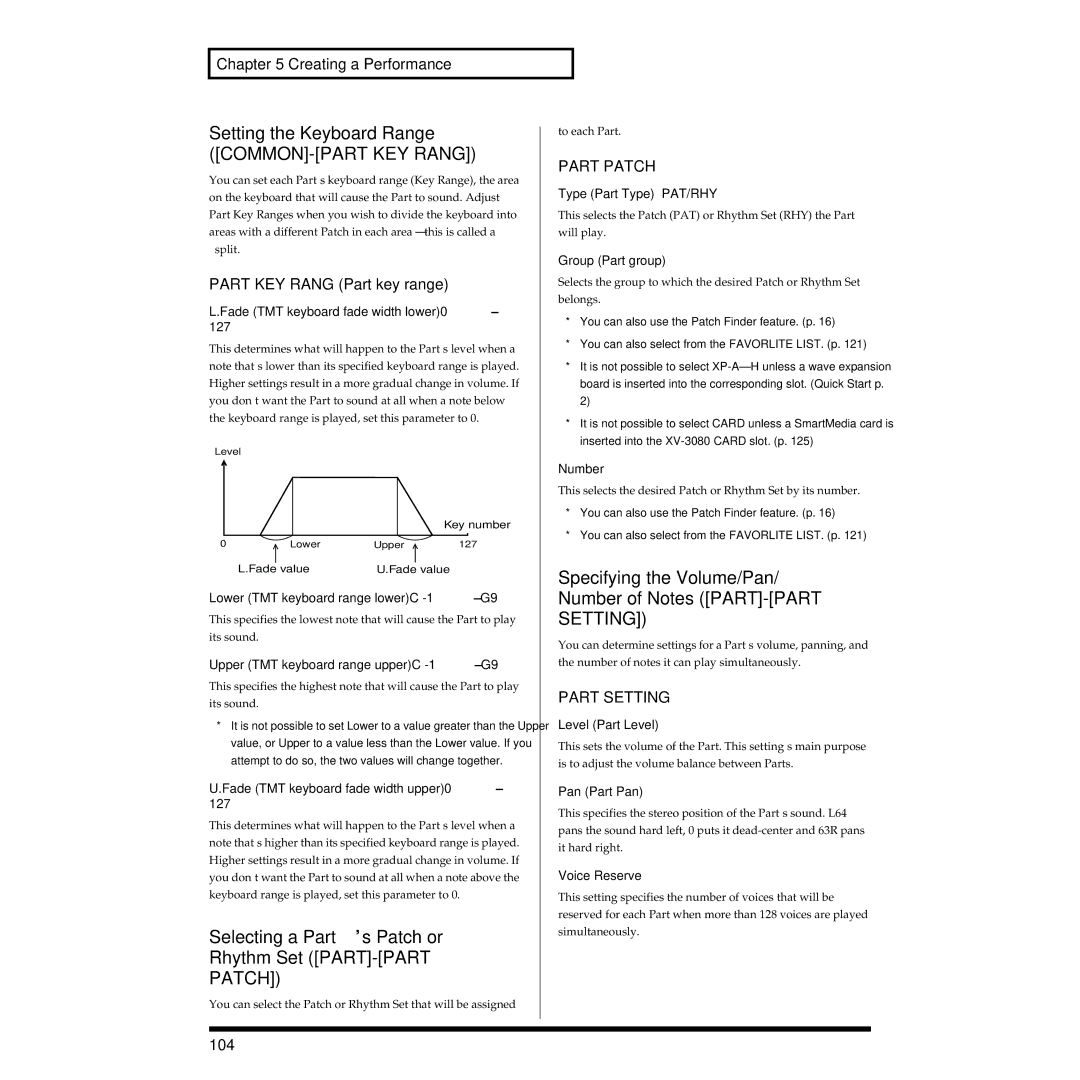 Roland XV-3080 Setting the Keyboard Range COMMON-PART KEY Rang, Selecting a Part’s Patch or Rhythm Set PART-PART Patch 