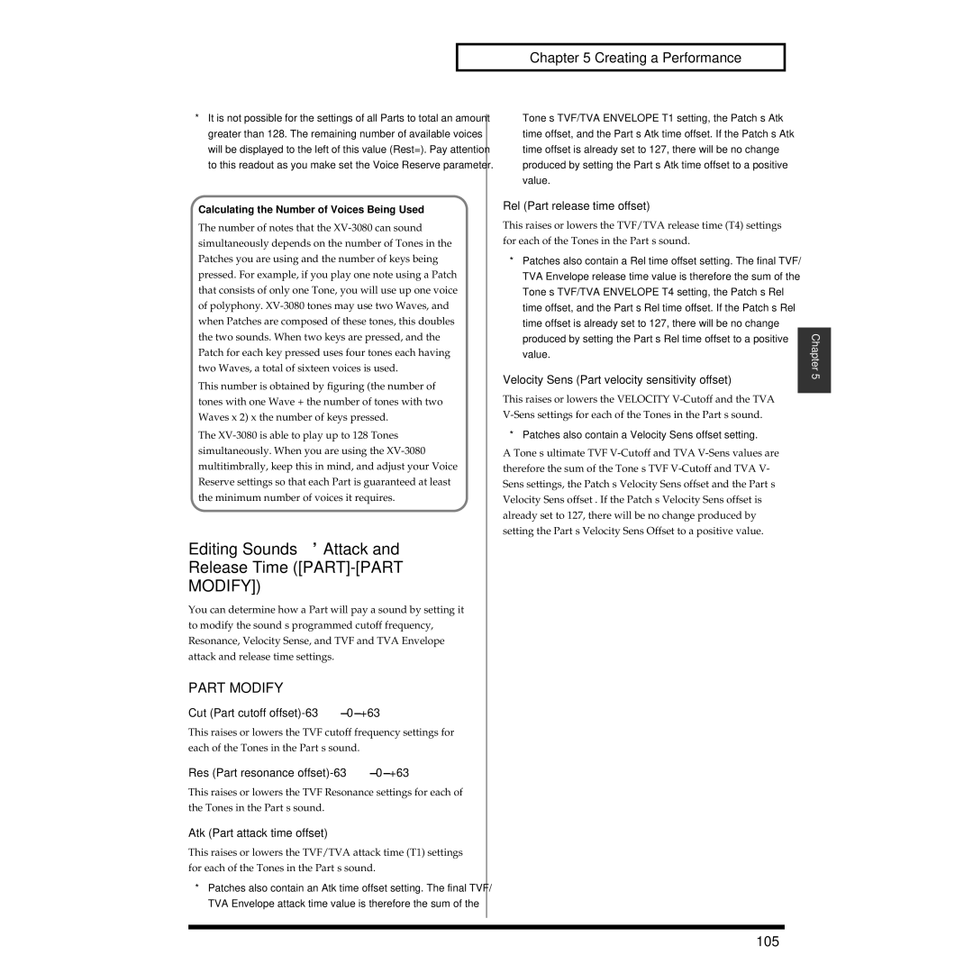 Roland XV-3080 owner manual Editing Sounds’ Attack Release Time PART-PART, Part Modify, 105 