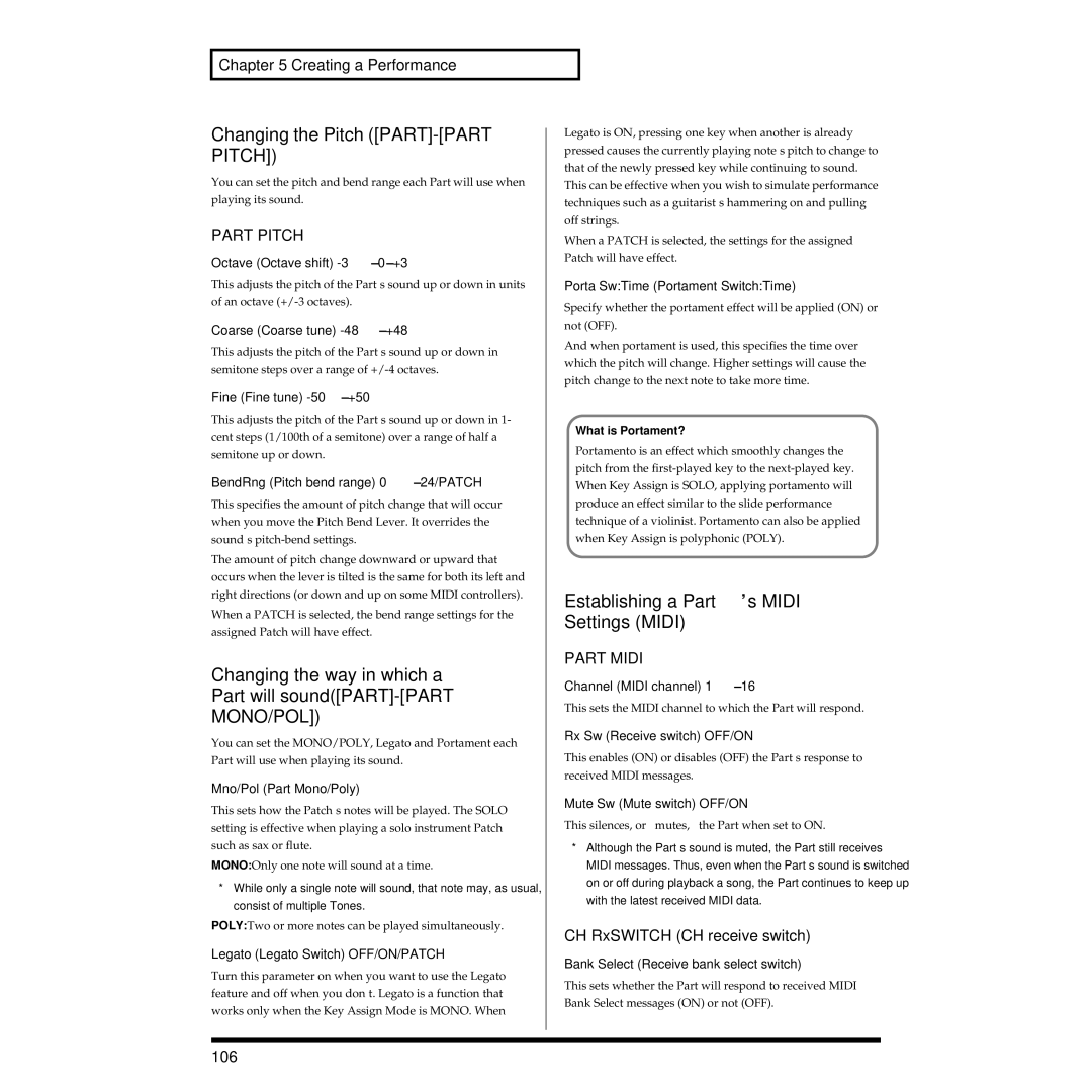 Roland XV-3080 Changing the Pitch PART-PART Pitch, Establishing a Part’s Midi Settings Midi, Part Pitch, Part Midi 
